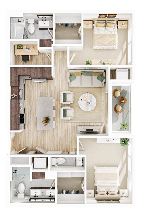 Floor plan for 2 beds, 2.5 baths, 1203 sqft